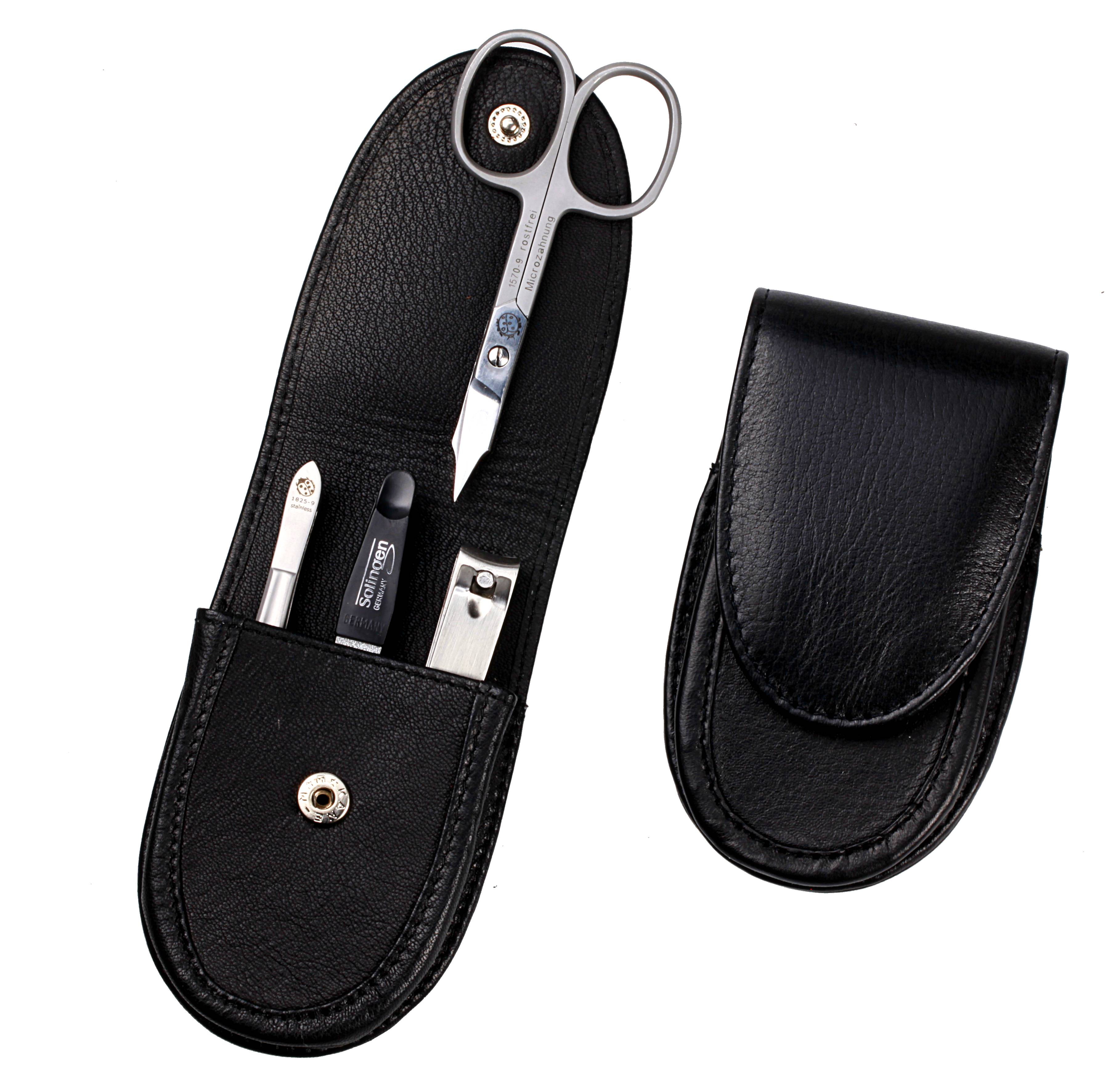 manicure set: 4 implements, stainless steel, matt finish; nappa sheepskin, black