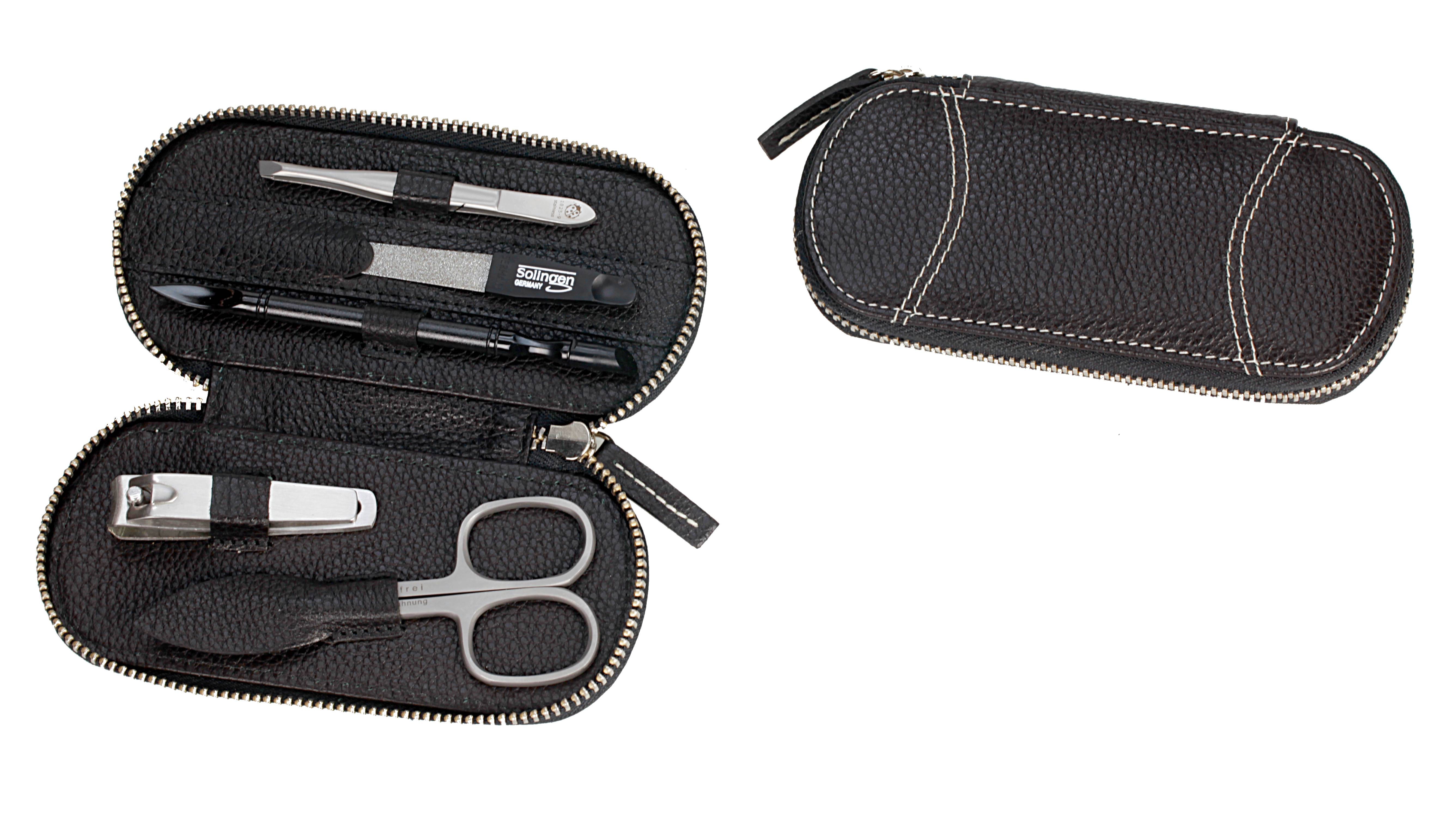 Manicure-Etui, Metall-Reißverschluss: 5-tlg. Bestückung, rostfrei-edelmattiert; echt Rindleder, schwarz mit Kontrastnähten Manicure-Etui, Metall-Reißverschluss: 5-tlg. Bestückung, rostfrei-edelmattiert; echt Rindleder, schwarz mit Kontrastnähten