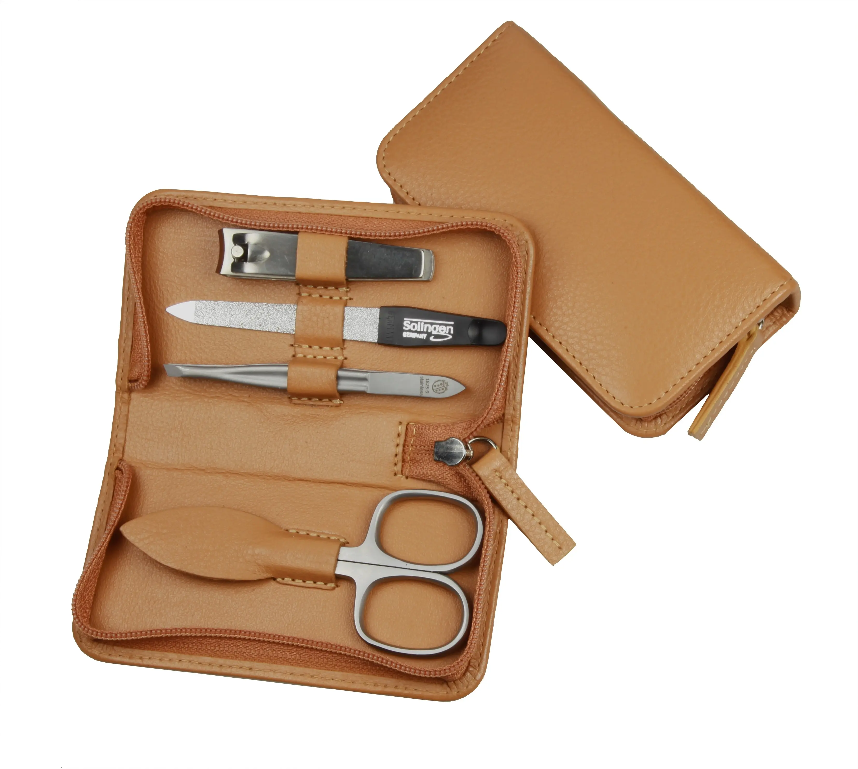 zippered manicure set: 4 implements, stainless steel, matt finish; fullgrain cowhide, sand