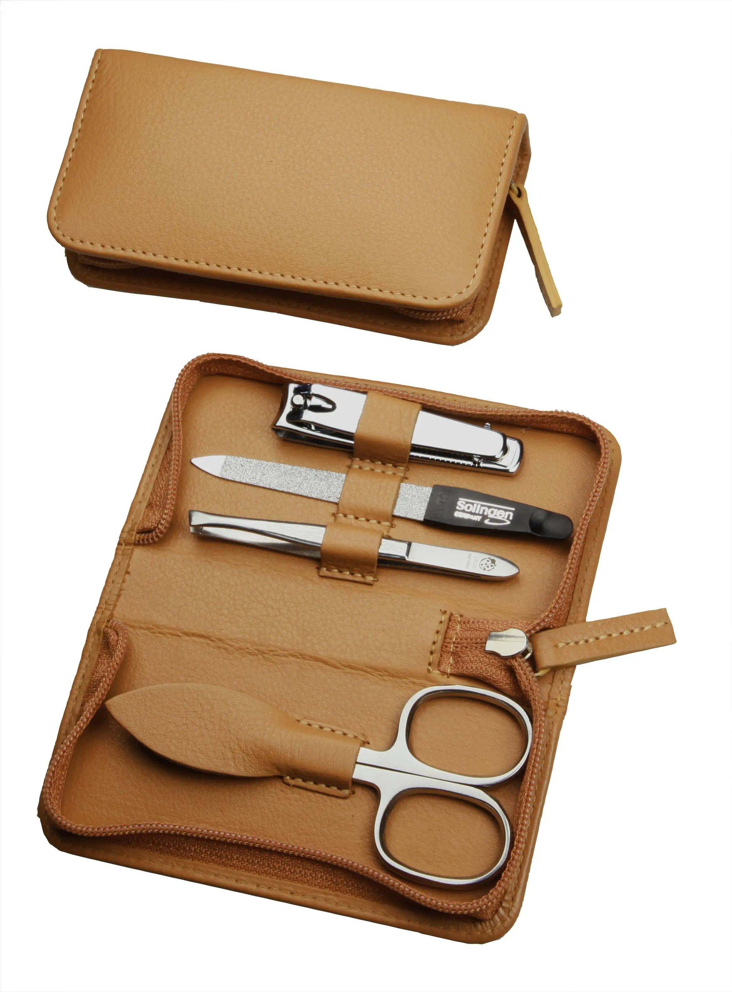 manicure set with zipper: 4 implements, stainless steel, mirror-polished; fullgrain cowhide, sand manicure set with zipper: 4 implements, stainless steel, mirror-polished; fullgrain cowhide, sand