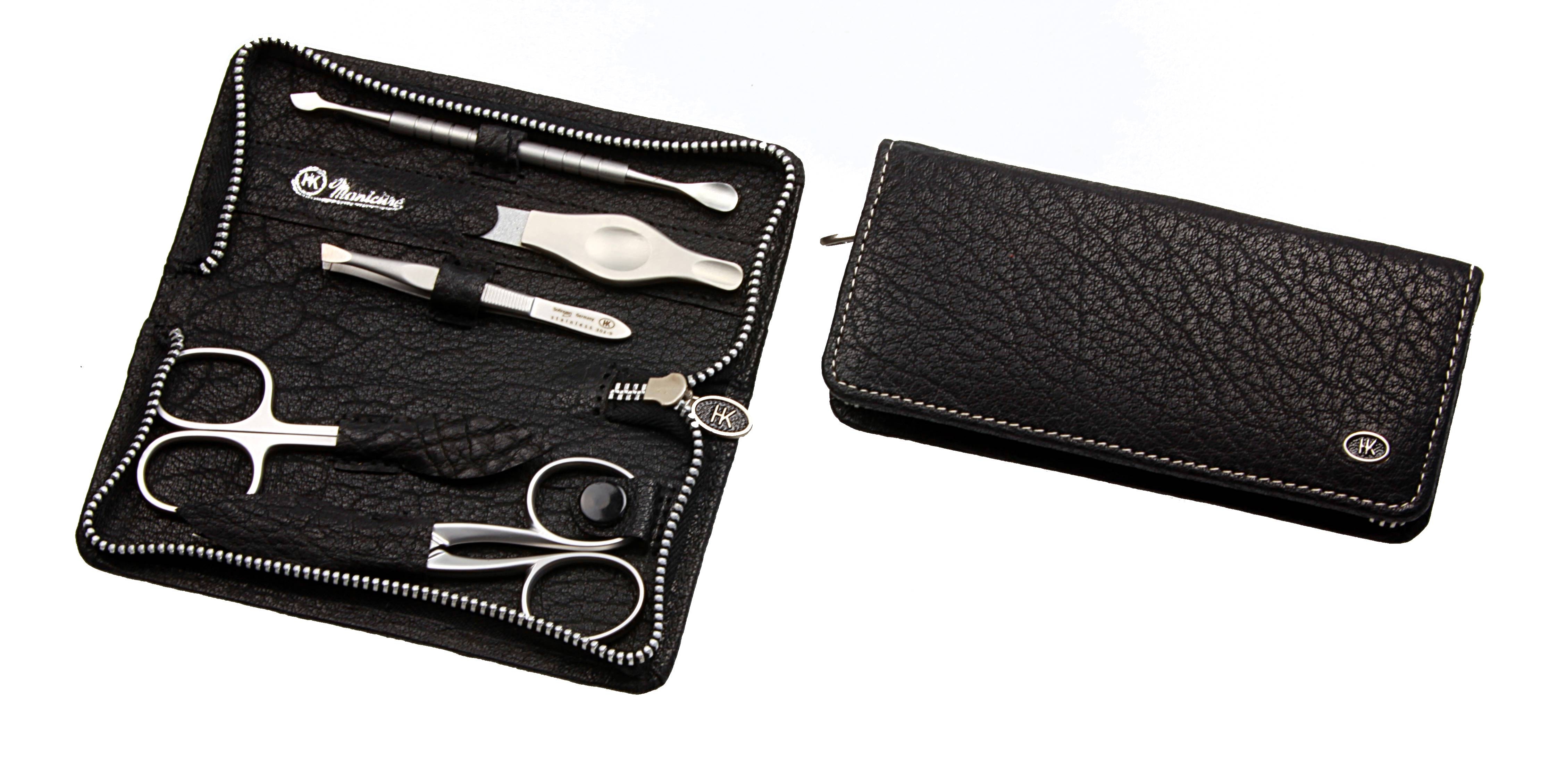 Manicure-Etui mit Metall-Reißverschluss: 5-tlg. Bestückung, rostfrei-edelmattiert; schrumpfgegerbtes Büffelleder, schwarz mit hellen Kontrastnähten Manicure-Etui mit Metall-Reißverschluss: 5-tlg. Bestückung, rostfrei-edelmattiert; schrumpfgegerbtes Büffelleder, schwarz mit hellen Kontrastnähten