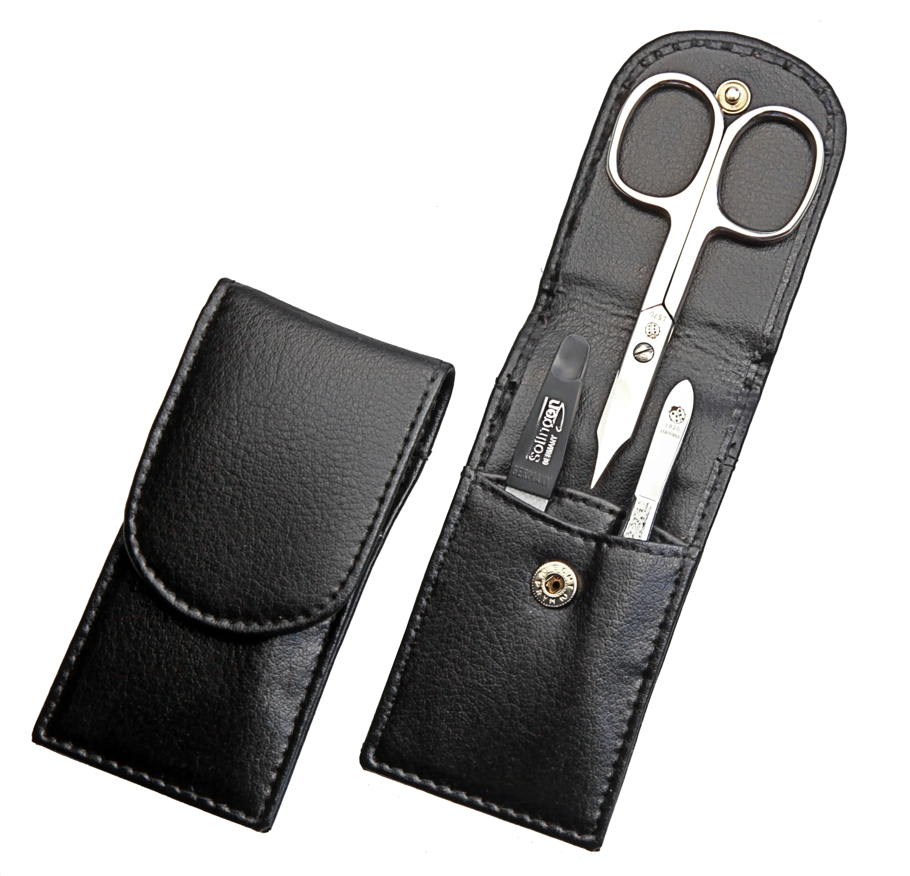 pocket sized manicure set: 3 implements, stainless steel, mirror polished; genuine lamb nappa, black pocket sized manicure set: 3 implements, stainless steel, mirror polished; genuine lamb nappa, black