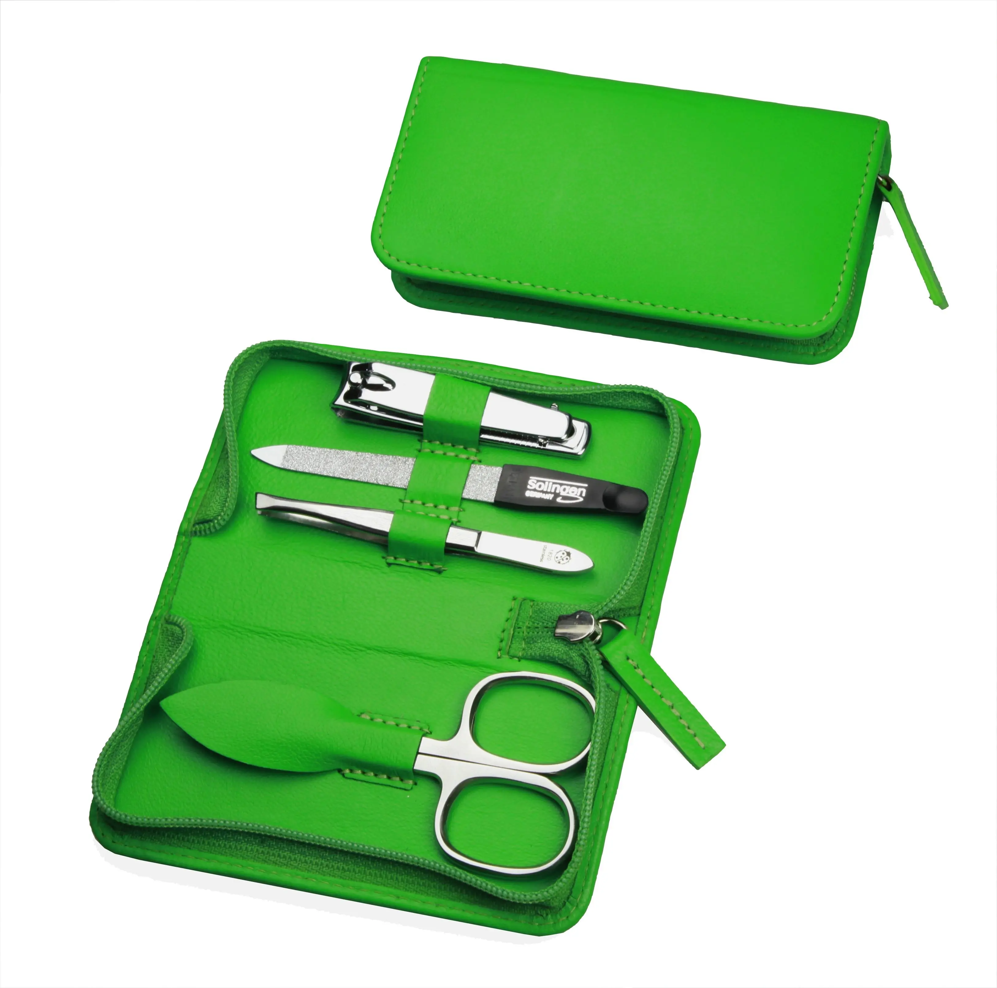 zippered manicure set: 4 implements, stainless steel, mirror-polished; nappa lambskin, apple green