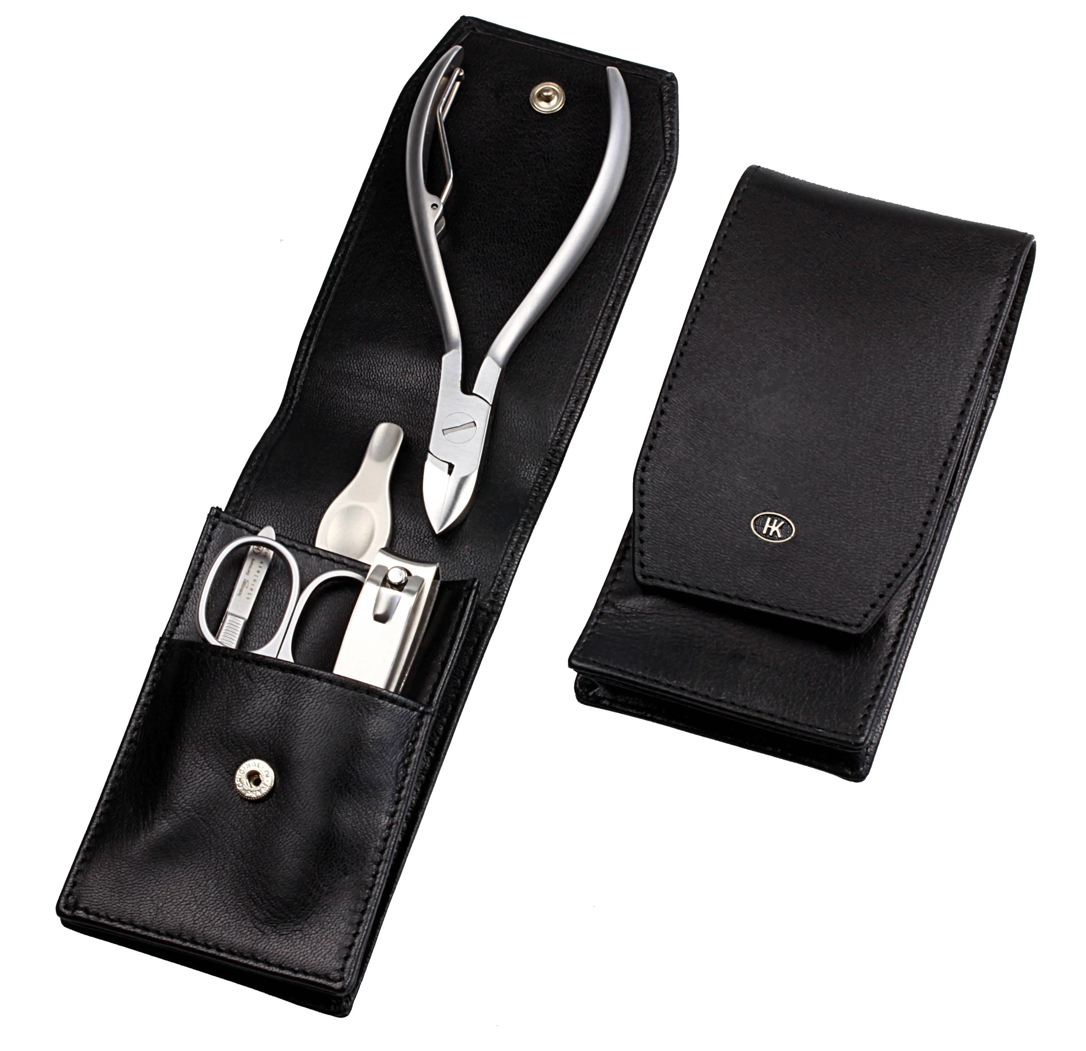 manicure set: 5 implements, stainless steel, matt finish; goat nappa leather, black