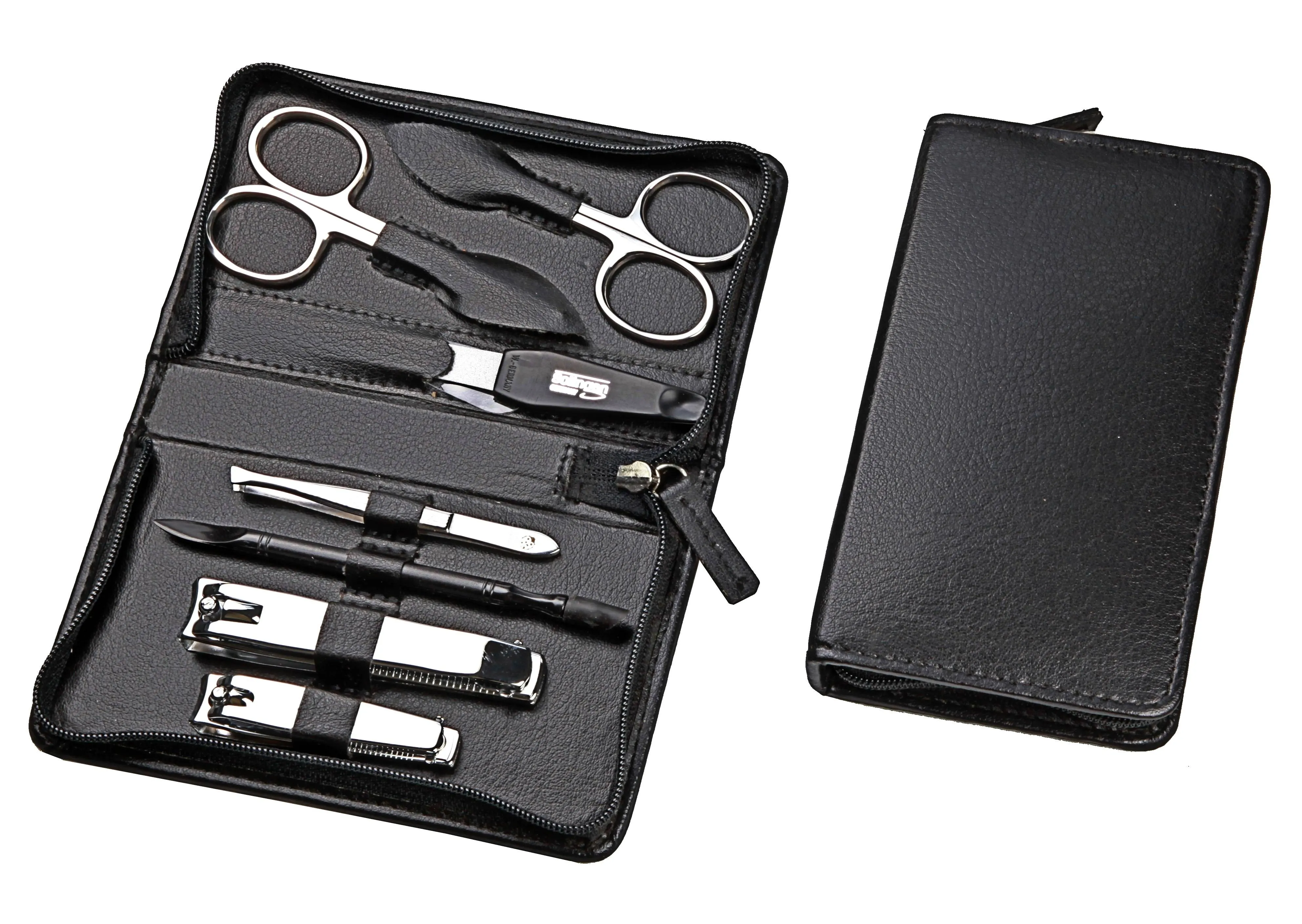 zippered manicure set: 7 implements, stainless steel, mirror-polished; vegan cactus faux leather, black zippered manicure set: 7 implements, stainless steel, mirror-polished; vegan cactus faux leather, black