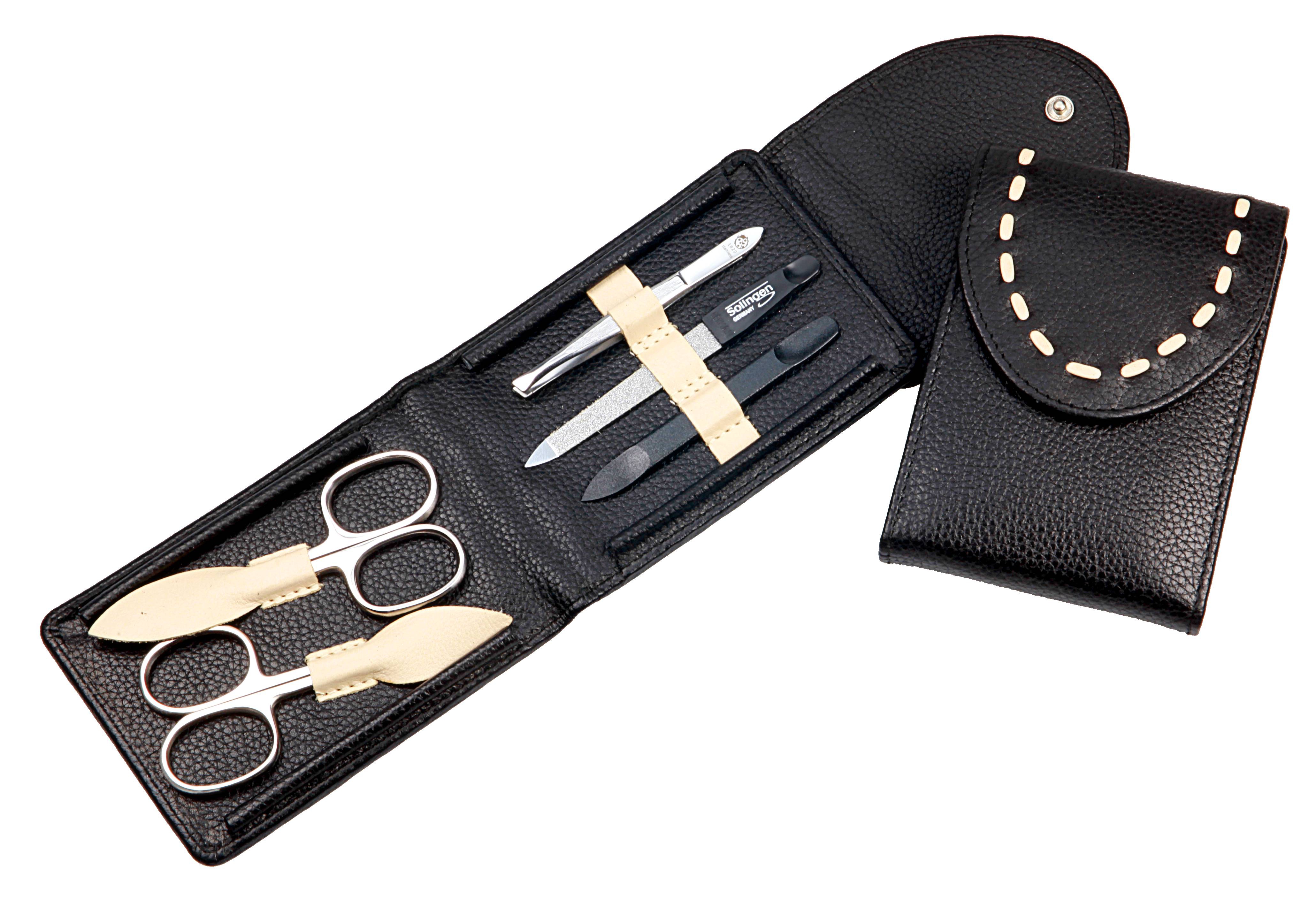 manicure set: 5 implements, stainless steel, mirror polished; genuine cowhide, black/beige