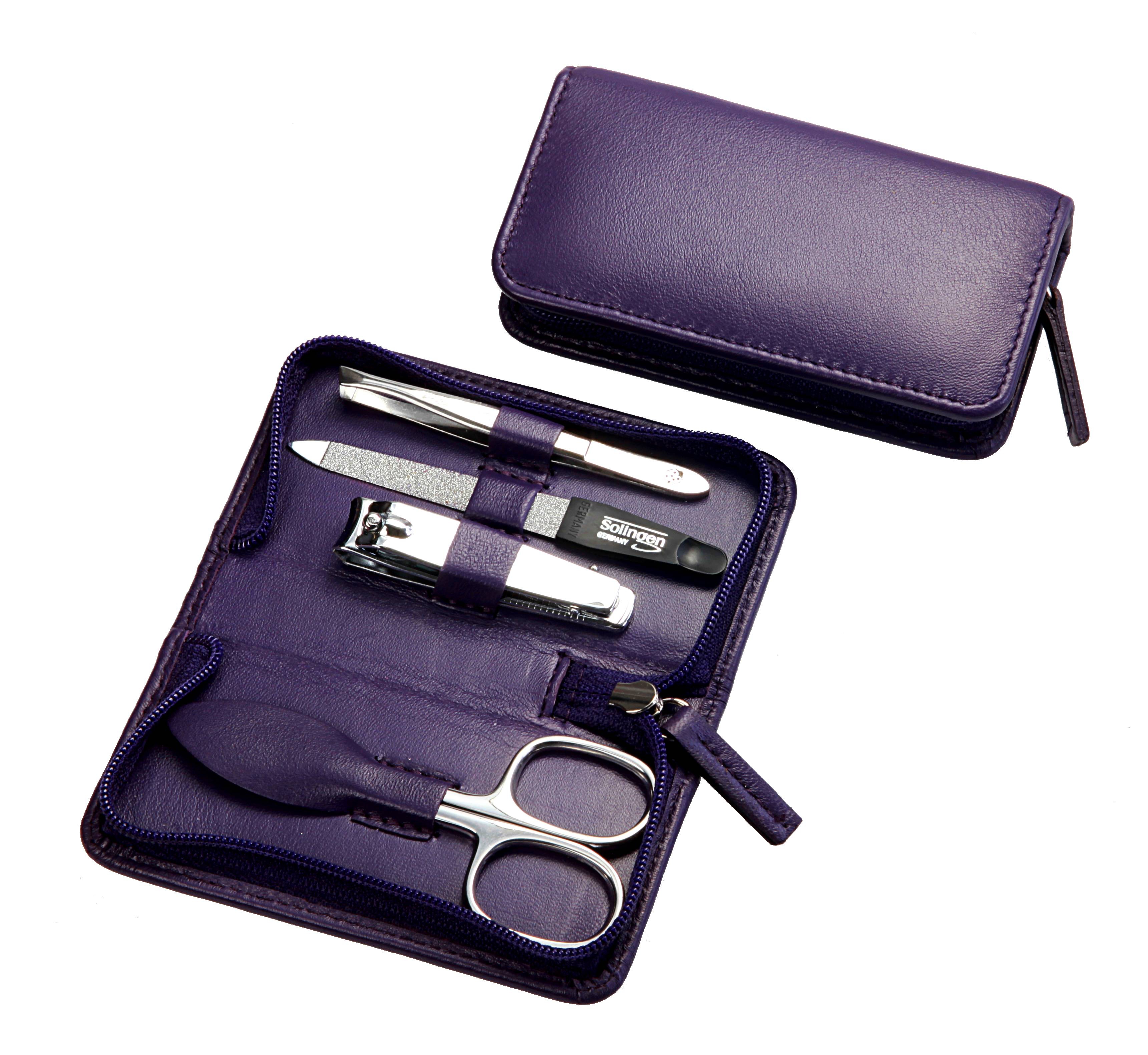 Manicure-Etui, Reißverschluss: 4-tlg. Bestückung, rostfrei-glanzpoliert; Nappa-Lammleder, lila Manicure-Etui, Reißverschluss: 4-tlg. Bestückung, rostfrei-glanzpoliert; Nappa-Lammleder, lila
