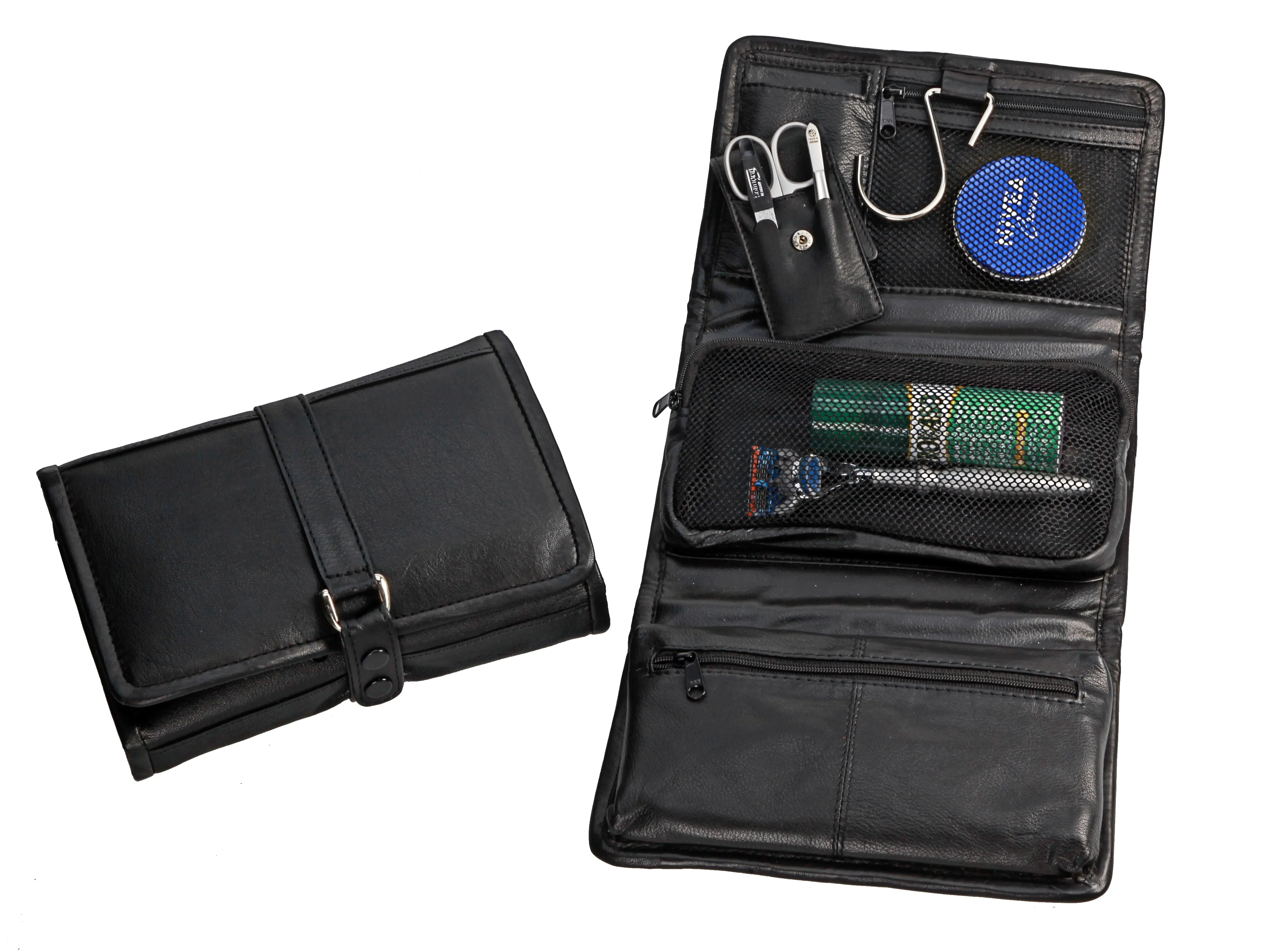 cosmetic bag, for hanging, medium sized, w/3-pcs. manicure set, stainless steel, matte finish; genuine sheep nappa leather, black