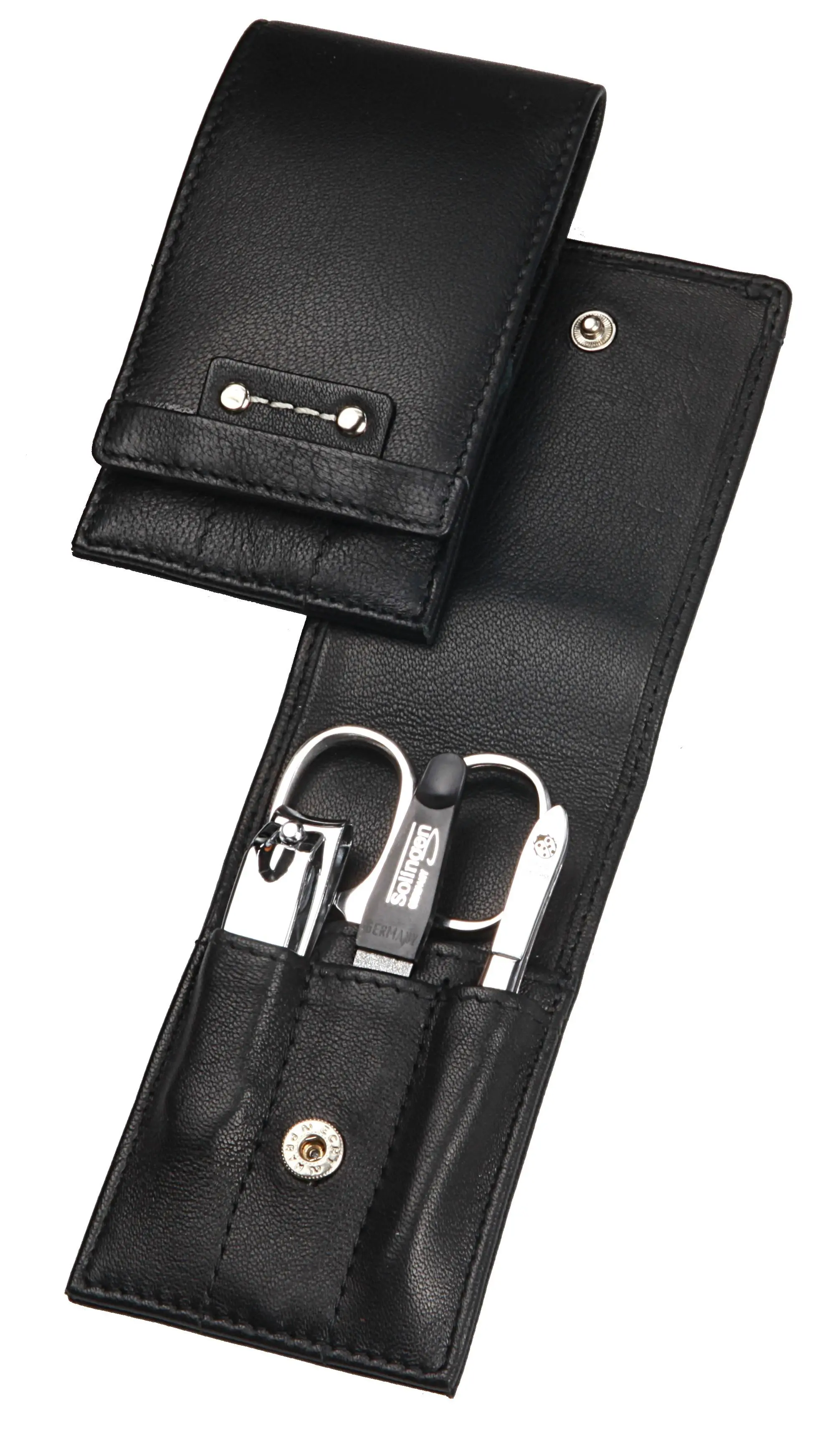 Pocket sized manicure set: 4 implements, stainless steel, mirror polished; nappa lambskin, black Pocket sized manicure set: 4 implements, stainless steel, mirror polished; nappa lambskin, black