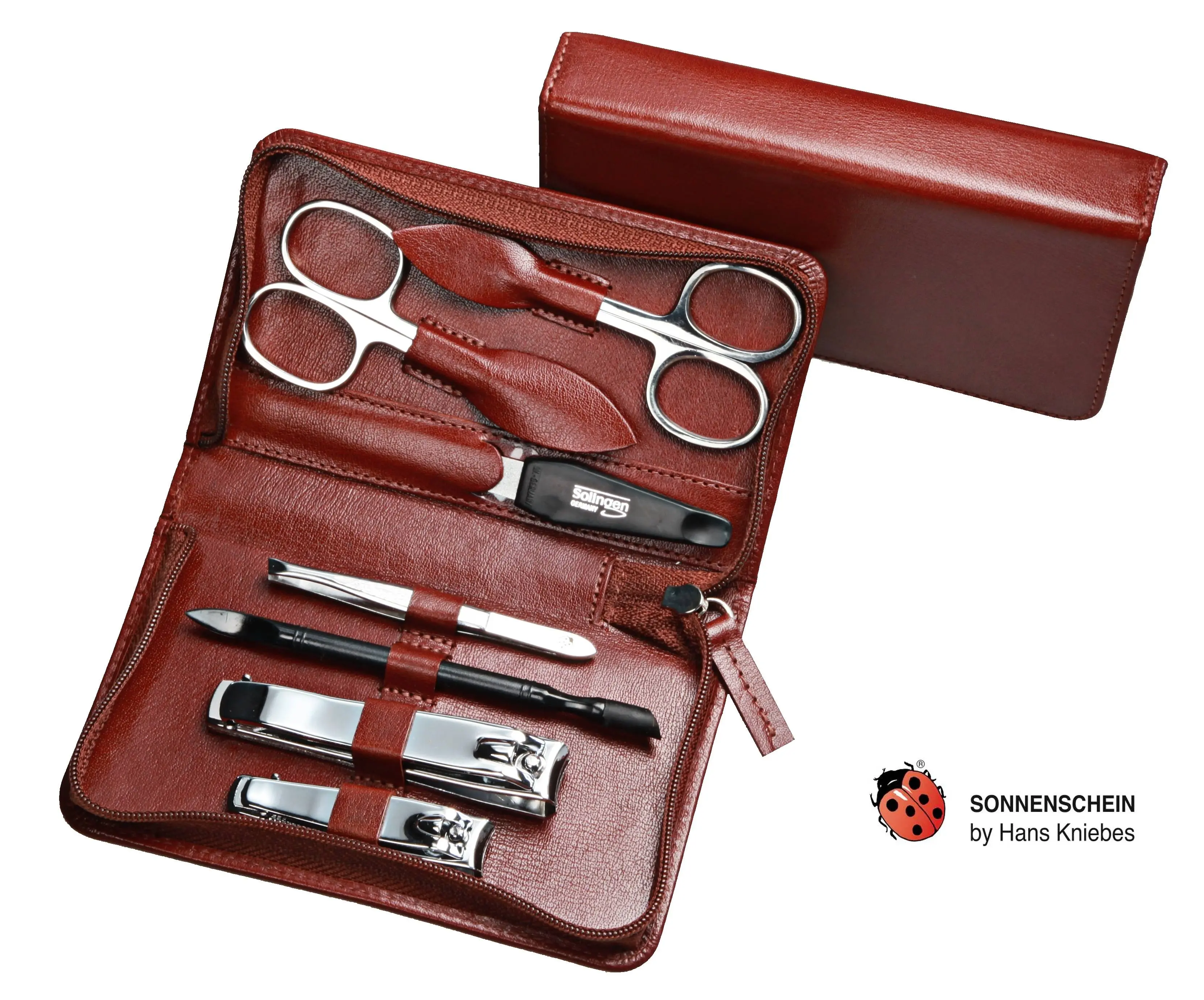 Manicure-Etui, Reißverschluss: 7-tlg. Bestückung, rostfrei-glanzpoliert; Büffelleder, cognacbraun