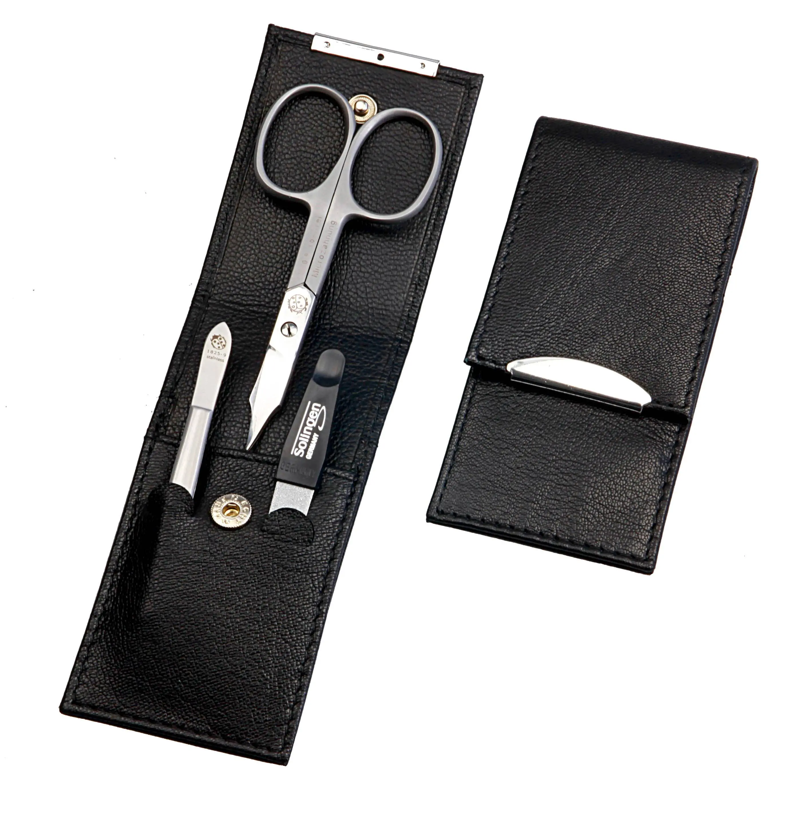 pocket sized manicure set: 3 implements, stainless steel, matt finish; sheep nappa leather, black pocket sized manicure set: 3 implements, stainless steel, matt finish; sheep nappa leather, black
