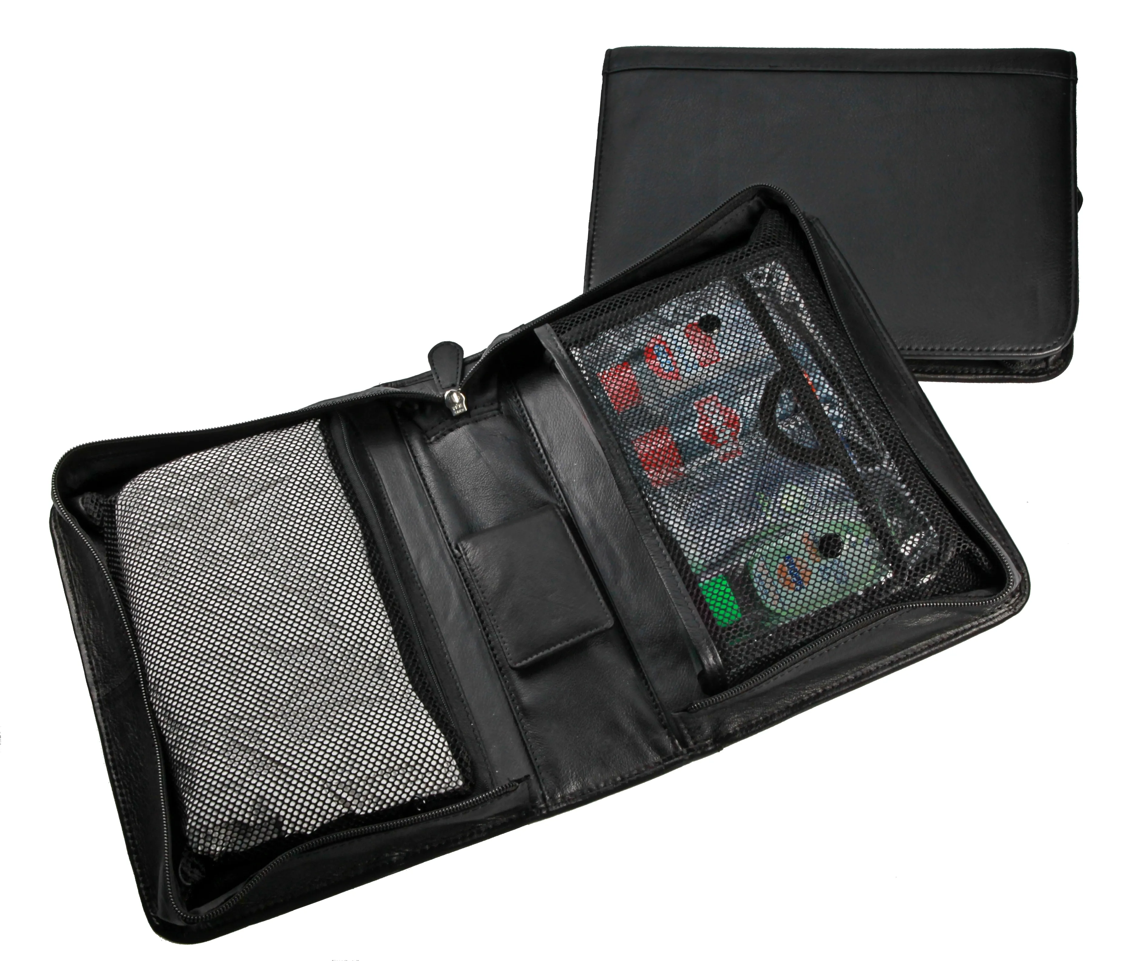 cosmetic "organizer", for hanging, medium sized, w/3-pcs. manicure set, stainless steel, matte finish; genuine sheep nappa leather, black