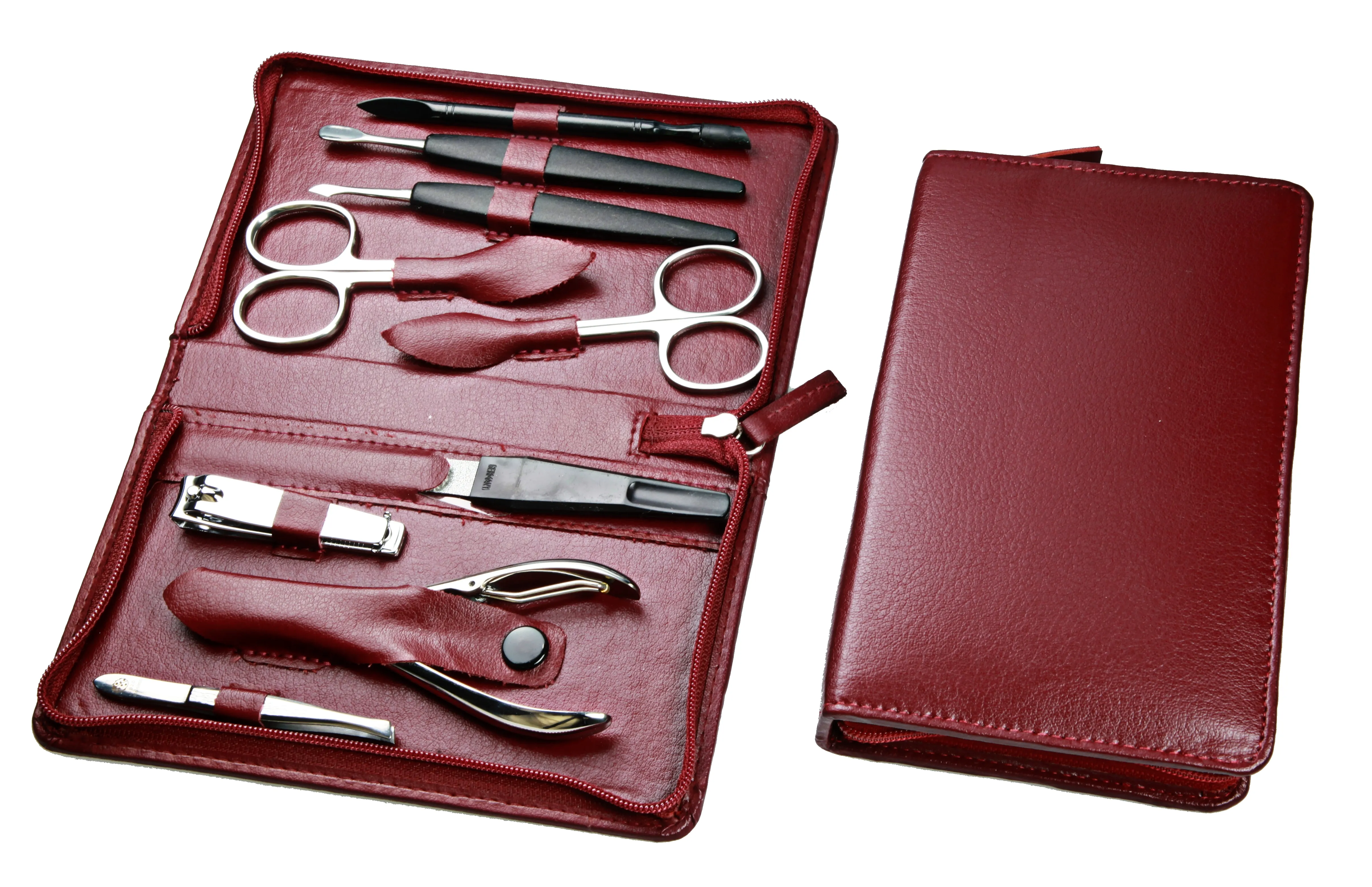 zippered manicure set: 9 implements, stainless steel, mirror polished finish; vegan cactus faux leather, burgundy zippered manicure set: 9 implements, stainless steel, mirror polished finish; vegan cactus faux leather, burgundy