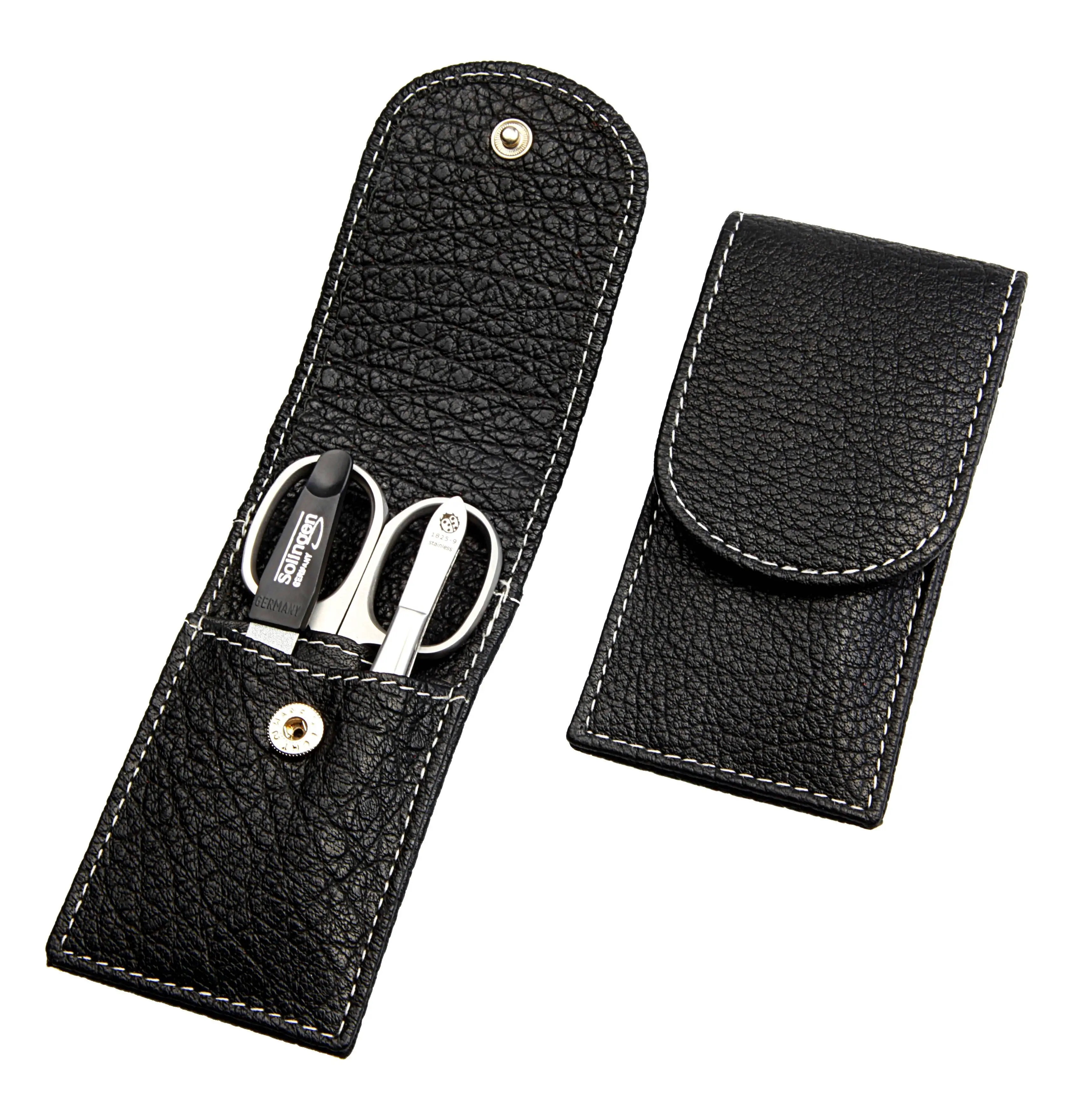 pocket sized manicure set: 3 implements, stainless steel, matt finish; buffalo leather, black with contrast stitching pocket sized manicure set: 3 implements, stainless steel, matt finish; buffalo leather, black with contrast stitching