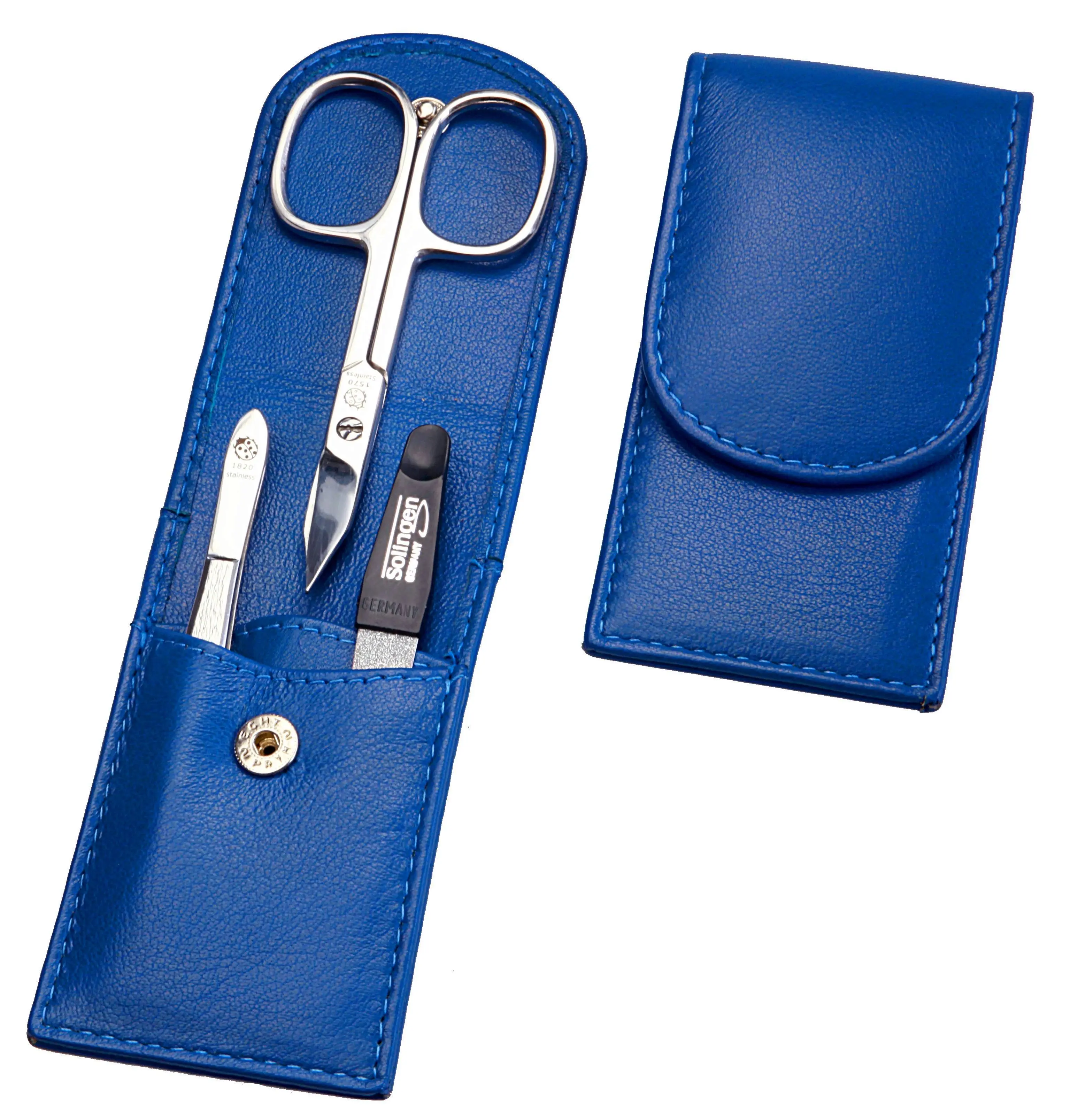 pocket sized manicure set: 3 implements, stainless steel, mirror polished; nappa lambskin, cobalt-blue pocket sized manicure set: 3 implements, stainless steel, mirror polished; nappa lambskin, cobalt-blue